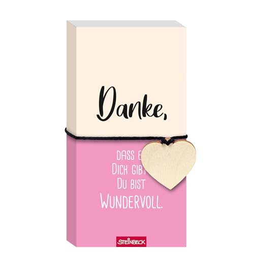 STEINBECK Geschenkblock - Danke, dass es Dich gibt! Du bist wundervoll. - Geschenkblock mit Herz aus Holz von STEINBECK