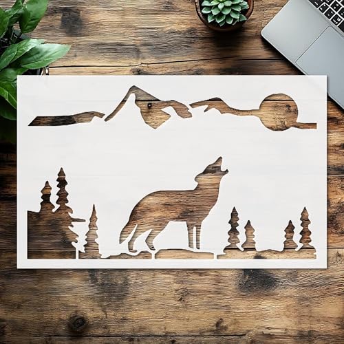 Schablone Wolf, Mond, Berge, Wald, Kunststoff, wiederverwendbar, Kunststoff, 20,3 cm L x 12,7 cm B, für DIY Handwerk und Heimdekoration Schablone Wolf, Mond, Berge, Wald, Kunststoff, wiederverwendbar, Kunststoff, 20,3 cm L x 12,7 cm B, für DIY Handwerk und Heimdekoration von STENCILAIR