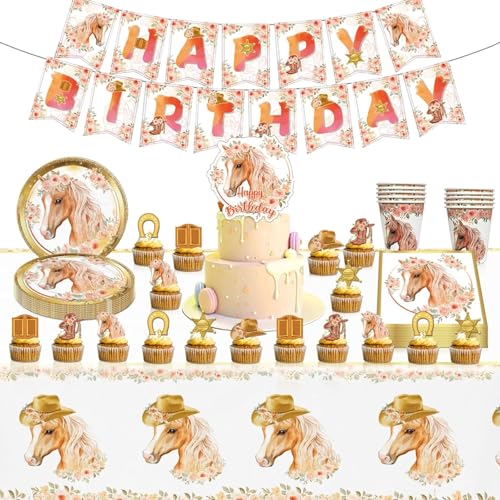 86 Stück Pferd Partygeschirr Set, Pferde Geburtstag Partygeschirr Set, Pferde Geburtstagsdeko, Pferde Party Supplies gehören Teller Papiertuch,Tischdecken,Becher,Kuchendekorations für 20 Gäste von STEPRITP