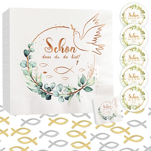 STFYUG 40 Stück Servietten Taufe und 30 Stück Holz Fisch Deko, Servietten Kommunion mit Gold Taube Grün Eukalyptus Kranz Konfetti, für Taufe, Kommunion, Konfirmation Oder Andere Festliche Anlässe STFYUG 40 Stück Servietten Taufe und 30 Stück Holz Fisch Deko, Servietten Kommunion mit Gold Taube Grün Eukalyptus Kranz Konfetti, für Taufe, Kommunion, Konfirmation Oder Andere Festliche Anlässe von STFYUG