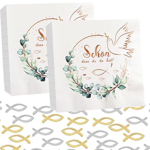 STFYUG 80 Stück Servietten Taufe und 60 Stück Holz Fisch Deko, servietten kommunion junge mädchen, Taufe Deko Servietten, für Taufe, Kommunion, Konfirmation Oder Andere Festliche Anlässe von STFYUG