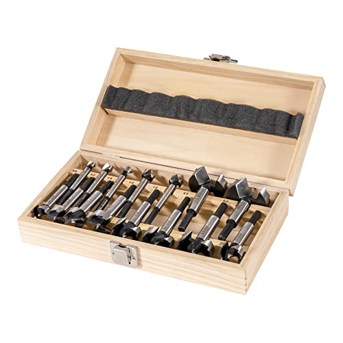 STIER Forstnerbohrer-Set in Holz-Kasette, 15-teilig (Durchmesser 10-50 mm), 8-9 mm Schaft, für Hart- & Weichholz, Forstner Bohrersatz, Forstner Bohrer Set von STIER