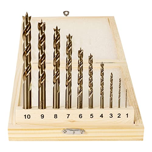STIER Holzbohrer-Set HSS Cobalt 10-teilig, Alle Größen von 1 bis 10 mm, High Speed Steel, mit Zentrierspitze, in praktischer Holzbox, für jede Art von Lochbohrungen von STIER