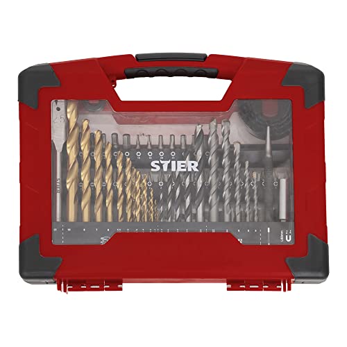 STIER TiN-Bohrer-Set, Säge-Set und Bit-Set, 100-teilig, Titaniumnitrid, Holzbohrer, Metallbohrer und Steinbohrer, vielseitiges Bit-Sortiment, inkl. magnetischem Bithalter und Steckschlüssel-Bits von STIER