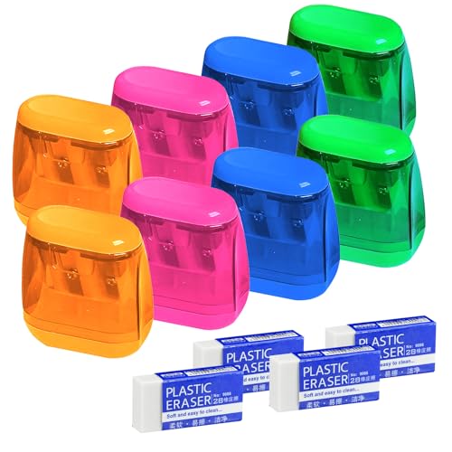STNRST-IN Manueller Bleistiftspitzer mit Deckel, Doppellöcher, Farbstiftspitzer und 4 Radiergummis, kompakter Schulbedarf für Kinder, Erwachsene, Studenten, Blau, Orange, Grün, Rose, 8 Stück von STNRST-IN