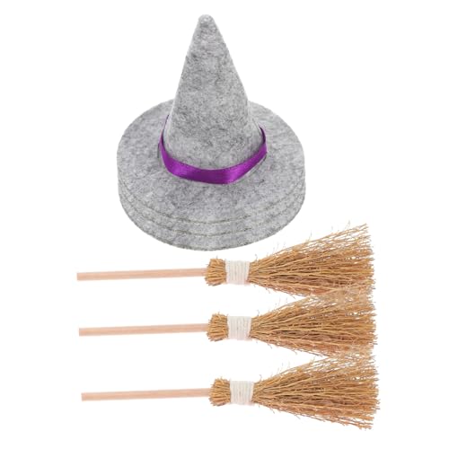 STOBAZA 3 Satz Mini Hexenhüte und Kleine Besen aus Filz und Naturstroh Halloween Deko für DIY Basteln Detailreiche Muster Langlebig und Handfreundlich Partydekoration von STOBAZA