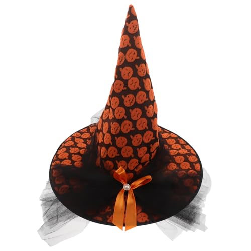 STOBAZA Halloween Hexenhut mit Mesh und Schleife Leichter Hexen-hut für Damen und Netzstoff mit Kürbismuster Atmungsaktives Wizard Cosplay Zubehör für Party Karneval und Maskerade von STOBAZA