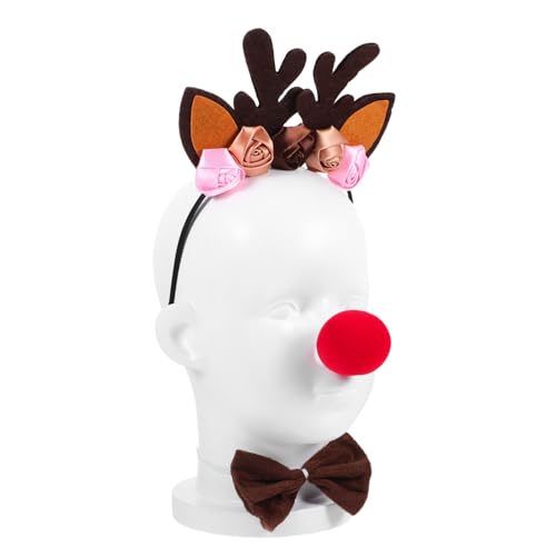 STOBAZA Rentier Cosplay Kostüm für Mädchen Weiches Teiliges Reh Tier Kostüm mit Floralem Geweih Stirnband Roter Nase und Schleife Festliches Outfit für Weihnachten und Halloween von STOBAZA