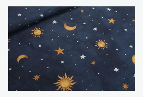 Stoff am Stück Stoff Baumwolle Polyester Rips marine Sonne Mond Sterne Glow in the dark Leinenoptik von STOFFAMSTÜCK