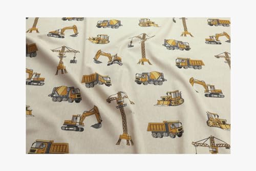Stoff am Stück Stoff Baumwolle Polyester Rips natur Baumaschinen Baufahrzeuge Bagger Kran Radlader Raupe Leinenoptik Halbpanama von STOFFAMSTÜCK