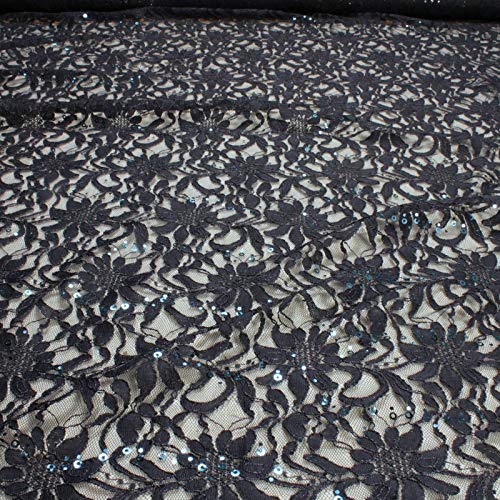 Stoff am Stück Stoff Polyamid Polyester Elastan Spitze dunkelblau Blume Pailletten fließend von STOFFAMSTÜCK