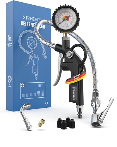Reifenfüller mit Manometer [inkl. Adapter & Ersatzkappen] – Reifendruckfüller für Werkstatt, Auto und Fahrrad – Reifenfüller mit Schlauch und Luftdruckprüfer für Kompressor von STONE REEF