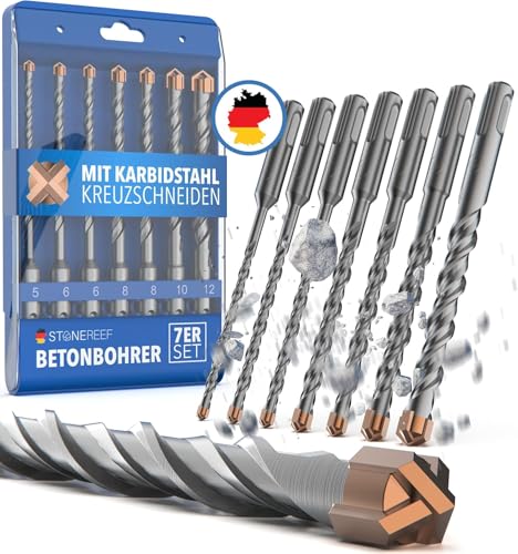 STONE REEF® SDS Plus Betonbohrer – 7-teilig inkl. Kassette – Ø 5, 6, 6, 8, 8, 10, 12 mm x 156 mm – Profi Bohrset für Beton, Stein & Mauerwerk von STONE REEF