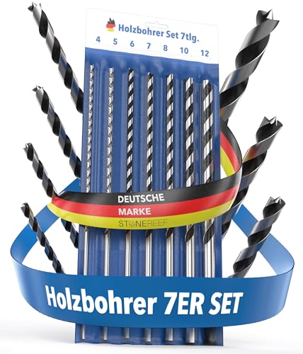 STONE REEF Holzbohrer Set lang Profi - [7-teilig inkl. Tasche] - Schlangenbohrer Ø 4mm, 5mm, 6mm, 7mm, 8mm, 10mm, 12mm x 230mm, lange Schalungsbohrer, Balkenbohrer, langer Holzspiralbohrer, Langbohrer von STONE REEF