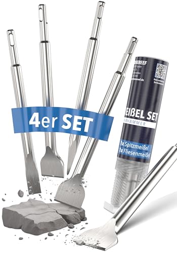 STONE REEF SDS Plus Meißel Set [4-teilig inkl. Fliesenmeißel], Sds Meißel, Meisel, Flachmeißel, Meissel, Sds Meißel Set, Meiselset für Bohrhammer, Spachtelmeißel, Spitzmeißel, Sds Meißel breit fliesen von STONE REEF