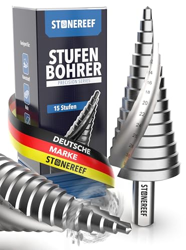 STONE REEF Stufenbohrer Profi aus HSS Stahl - [15 Stufen | Ø 4-32mm] - Kegelbohrer, Schälbohrer, Metall, Lochbohrer, Blechbohrer, Kunststoffbohrer, Lochfräser, Fräsbohrer, Lochschneider von STONE REEF
