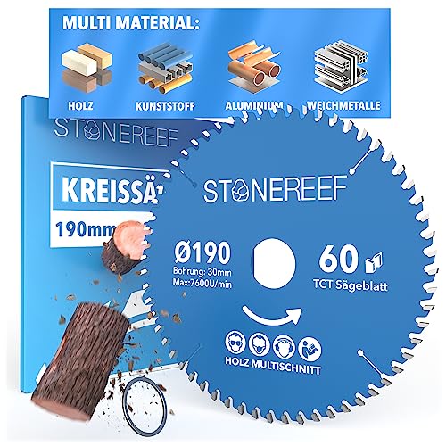 Sägeblatt 190x30 - Kreissägeblatt [inkl. Adapter auf Bohrung 20 &16mm], kompatibel mit Winkelschleifer von Bosch, Makita usw. - Sägeblatt Kreissäge Nagelfest - für Holz, Metall & Alu von STONE REEF