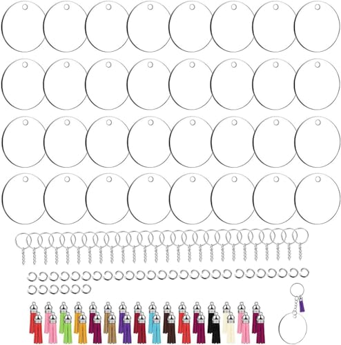 Acryl-Schlüsselanhänger-Rohlinge, Acryl-Blanko-Ornament-Set, rund, quadratisch, Herz, mit Quaste, Schlüsselanhänger, für Bastelarbeiten, Dekoration (128 Stück) von STOUCLA