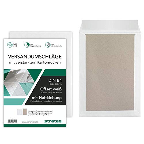 10 Stück Premium Versandtaschen B4 in Weiß, mit Papprückwand, Haftklebung und Abdeckstreifen, 250 x 353 mm von STRATAG