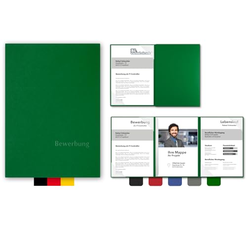 5 Stück 3-teilige Bewerbungsmappen BL-exclusivdruck® EASY in Blattgrün - Premium-Qualität mit edler Relief-Prägung 'Bewerbung' - Produkt-Design von 'Mario Lemani' von STRATAG