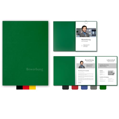 5 Stück 3-teilige Bewerbungsmappen BL-exclusivdruck® OPTIMA in Blattgrün - Premium-Qualität mit edler Relief-Prägung 'Bewerbung' - Produkt-Design von 'Mario Lemani' von STRATAG