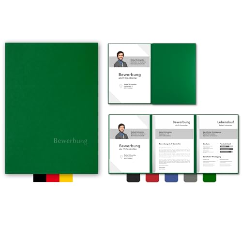 5 Stück 3-teilige Bewerbungsmappen BL-exclusivdruck® OPTIMA-plus in Blattgrün - Premium-Qualität mit edler Relief-Prägung 'Bewerbung' - Produkt-Design von 'Mario Lemani' von STRATAG