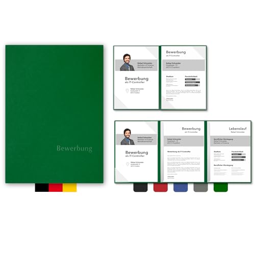 5 Stück 4-teilige Bewerbungsmappen BL-exclusivdruck® MEGA-plus in Blattgrün - Premium-Qualität mit edler Relief-Prägung 'Bewerbung' - Produkt-Design von 'Mario Lemani' von STRATAG