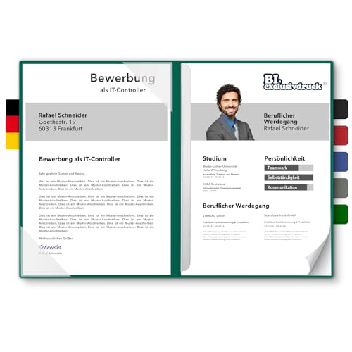 5 Stück zweiteilige Bewerbungsmappen BL-exclusivdruck® BL-plus in Blattgrün - Premium-Qualität mit edler Relief-Prägung 'Bewerbung' - Produkt-Design von 'Mario Lemani' von STRATAG