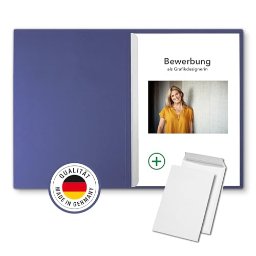 10 Stück 2-teilige Bewerbungsmappen Blau mit 1 Klemmschiene in feinster Lederstruktur - inkl. 10 Versandumschläge in Weiß GRATIS - hochwertige Prägung „BEWERBUNG“ von STRATAG