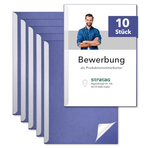 STRATAG Klemmschienen-Bewerbungsset Start Basic (Blau, 10 Stück) mit transparentem Deckel aus PP Kunststoff sowie Binderücken aus robustem 290 g/m² Karton Lederstruktur (10 Bewerbungsmappen Blau) von STRATAG