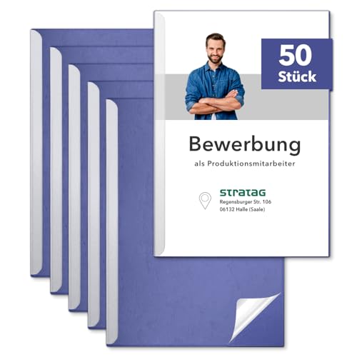 STRATAG Klemmschienen-Bewerbungsset Start Basic (Blau, 50 Stück) mit transparentem Deckel aus PP Kunststoff sowie Binderücken aus robustem 290 g/m² Karton Lederstruktur (50 Bewerbungsmappen Blau) von STRATAG