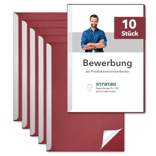 STRATAG Klemmschienen-Bewerbungsset Start Basic (Bordeaux, 12 Stück) mit transparentem Deckel aus PP Kunststoff sowie Binderücken aus robustem 290 g/m² Karton Lederstruktur (12 Bewerbungsmappen Rot) von STRATAG