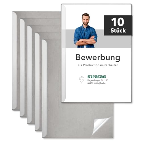 STRATAG Klemmschienen-Bewerbungsset Start Basic (Grau, 12 Stück) mit transparentem Deckel aus PP Kunststoff sowie Binderücken aus robustem 290 g/m² Karton Lederstruktur (12 Bewerbungsmappen Grau) von STRATAG