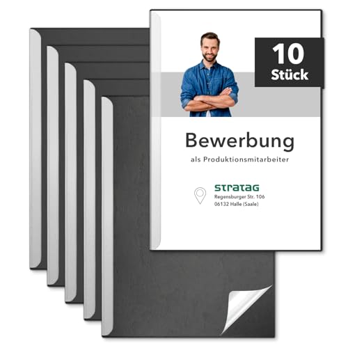 STRATAG Klemmschienen-Bewerbungsset Start Basic (Schwarz, 12 Stück) mit transparentem Deckel aus Kunststoff sowie Binderücken aus robustem 290 g/m² Karton Lederstruktur (12 Bewerbungsmappen Schwarz) von STRATAG