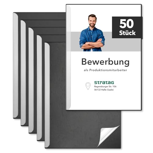 STRATAG Klemmschienen-Bewerbungsset Start Basic (Schwarz, 50 Stück) mit transparentem Deckel aus Kunststoff sowie Binderücken aus robustem 290 g/m² Karton Lederstruktur (50 Bewerbungsmappen Schwarz) von STRATAG