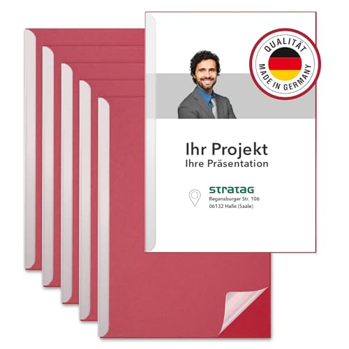 STRATAG Klemmschienen-Set (12 Stück) mit transparentem Deckel aus PP Kunststoff sowie Binderücken aus stabilem 350 g/m² Karton (Klemmmappe A4 Rot Rubinrot) von STRATAG