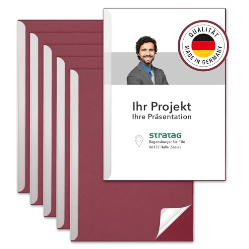 STRATAG Klemmschienen-Set (12 Stück) mit transparentem Deckel aus PP Kunststoff sowie Binderücken aus stabilem 375 g/m² Karton (Klemmmappe A4 Rot Bordeaux) von STRATAG