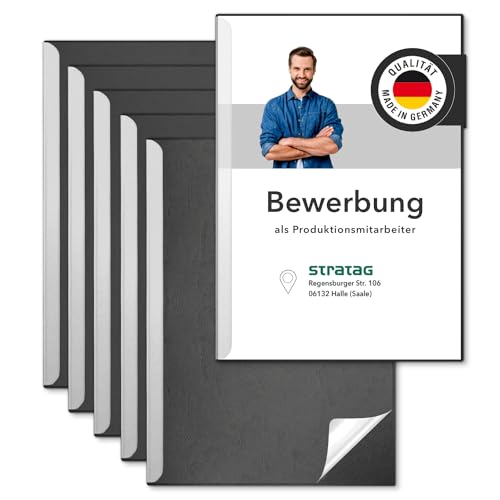 STRATAG Klemmschienen-Bewerbungsset Start Basic (Schwarz, 6 Stück) mit transparentem Deckel aus PP Kunststoff sowie Binderücken aus robustem 290 g/m² Karton Lederstruktur (6 Bewerbungsmappen Schwarz) von STRATAG