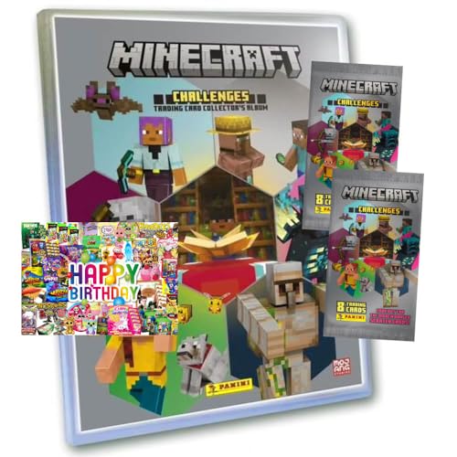 Bundle mit Panini Minecraft Karten Serie 4 - Sammelkarten Challenges Trading Cards (2025) - 1 Mappe + 2 Booster + Exklusive Geburtstagskarte von STRONCARD