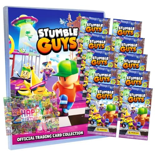 Bundle mit Panini Stumble Guys Karten Serie 2 - Sammelkarten Trading Cards - Auswahl + Exklusive Geburtstagskarte (1 Mappe + 10 Booster) von STRONCARD