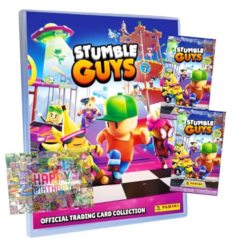 Bundle mit Panini Stumble Guys Karten Serie 2 - Sammelkarten Trading Cards - Auswahl + Exklusive Geburtstagskarte (1 Mappe + 2 Booster) von STRONCARD
