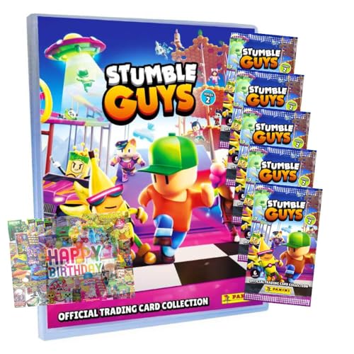 Bundle mit Panini Stumble Guys Karten Serie 2 - Sammelkarten Trading Cards - Auswahl + Exklusive Geburtstagskarte (1 Mappe + 5 Booster) von STRONCARD