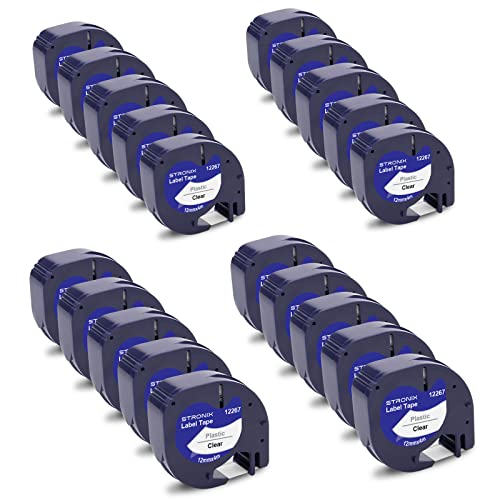 20x Kompatibel für Dymo Letratag Etikettenband 12mm x 4m Schwarz auf Transparent Kunststoff Schriftband 12267 16951 S0721530 S0721550 Letra Bänder für Dymo Gerät LT-100T 100H Plus XR 2000 200B 80 von STRONIX
