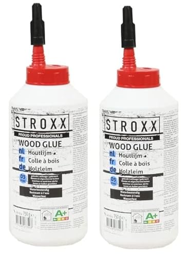 STROXX® 2x Holzleim 750g (1,5Kg) weiß – wasserfest & temperaturbeständig – perfekt für den Innen- & Außenbereich geeignet–schnelltrocknender Super D3 PVAC Holzkleber für Verleimungs- & Bastelarbeiten von STROXX