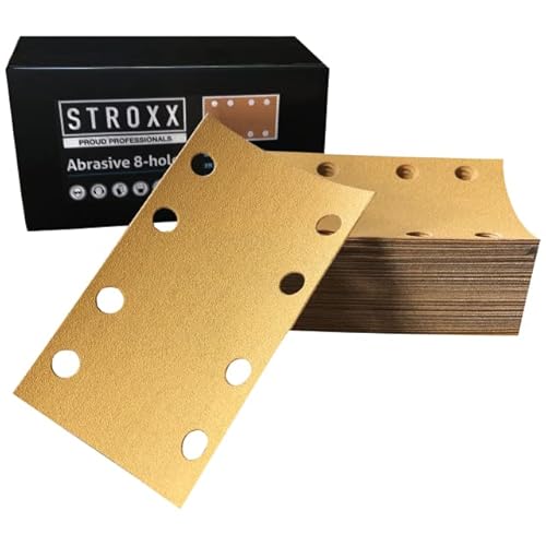 STROXX – Schleifstreifen 100 Stück mit Klett – Schleifblätter 81x133mm zum Schleifen von Holz, Metall & Farbe – 8-fach gelochtes Schleifpapier für Schwingschleifer (Korn 180) von STROXX