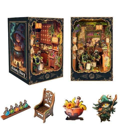 3D-Holz-Puzzle-Buchecken-Set, DIY-Miniaturhaus, kleines Puppenhaus-Set für Erwachsene und Jugendliche, Bücherregal-Einsatz-Dekor, DIY-Handwerk, Geschenk, Modellbau, Alchemie-Tagebuch (SQ-43) von STRUCWOOD