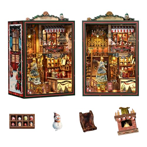 Christmas Book Nook Kit – DIY Miniatur Puppenhaus 3D Holzpuzzle Buchecke Bücherregal Dekor mit Spieluhr LED-Licht Weihnachtsgeschenke für Erwachsene Teenager von STRUCWOOD