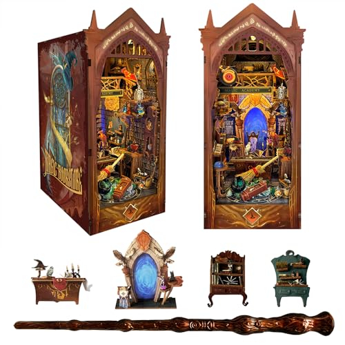 STRUCWOOD Magic Book Nook Kit mit Fernbedienungsstab, 3D-Holzpuzzle, Puppenhaus-Miniatur-Buchecken-Set, kreative Buchstütze, Bücherregal, Dekoration für Erwachsene, Teenager – Magic Academy (SQ-38) von STRUCWOOD