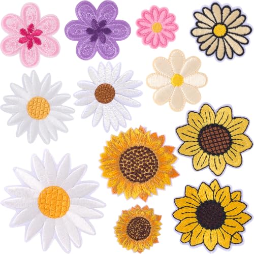 STSTR 12 Stück Blumen-Aufnäher zum Aufbügeln, 4 Größen, Gänseblümchen, Sonnenblumen-Applikation für Kleidung, niedlich, bestickt, Blumenapplikation für Taschen, Jeans, Hemden von STSTR