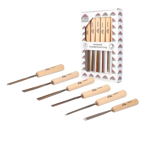 STUBAI Schnitzersatzset Kerbschnitzmesser Set Serie 52, 6-teilig - Balleisen 5 mm & 10 mm + Hohleisen 4 mm, 6 mm, 10 mm & 12 mm, Schnitzeisen mit Holzgriff, geschärft, zur Bearbeitung von Holz von STUBAI